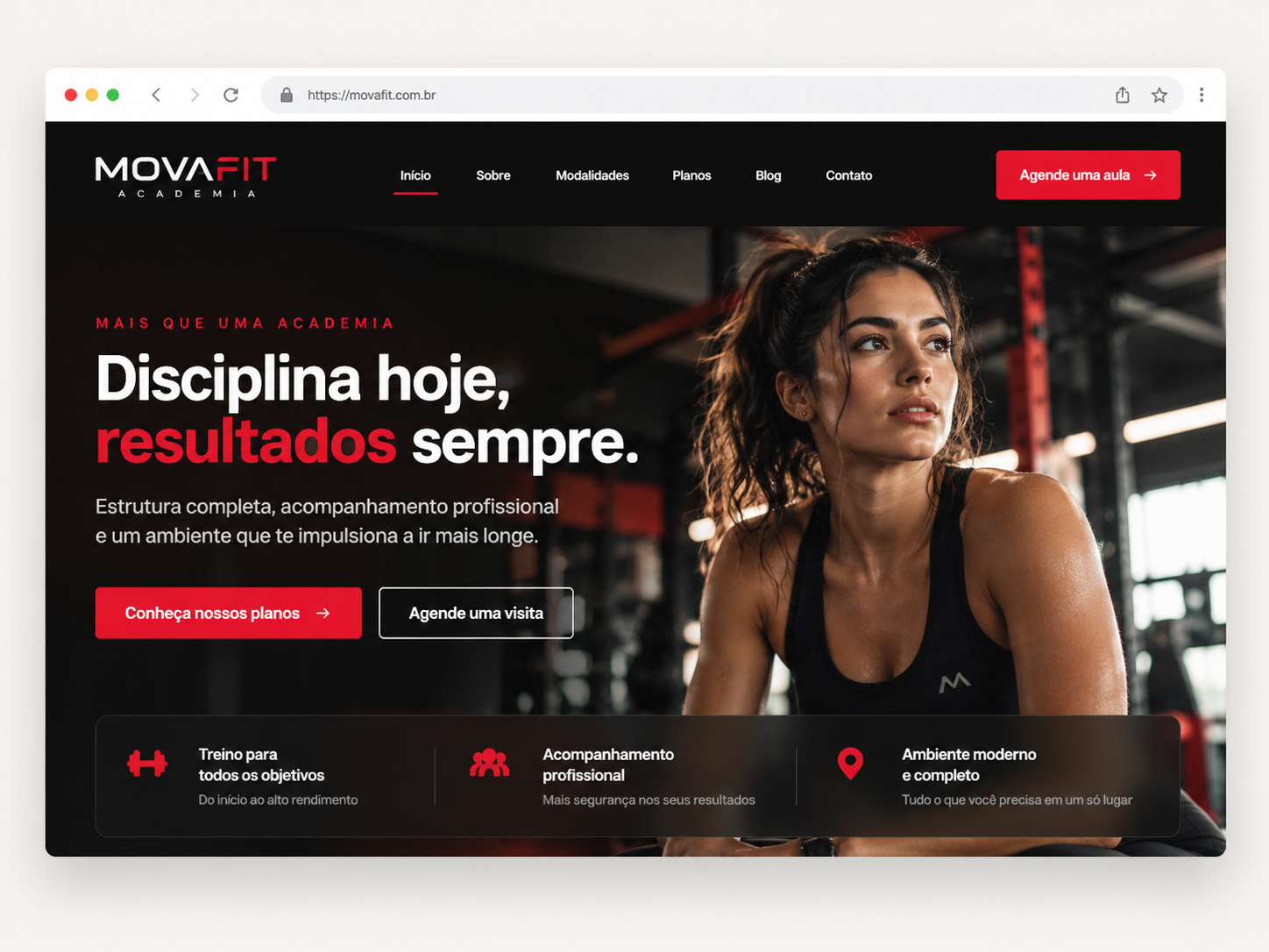 Demonstração conceitual de uma página inicial para uma academia, com destaque para modalidades, planos e agendamento de aula.
